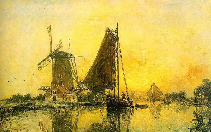 Johann Barthold Jongkind In Holland ; Boats near the Mill oil painting image